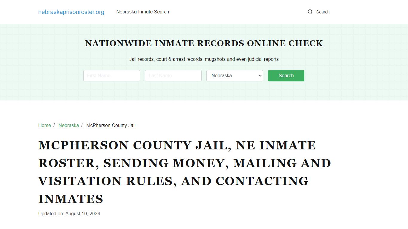 McPherson County Jail, NE: Offender Search, Visitations, Contact Info